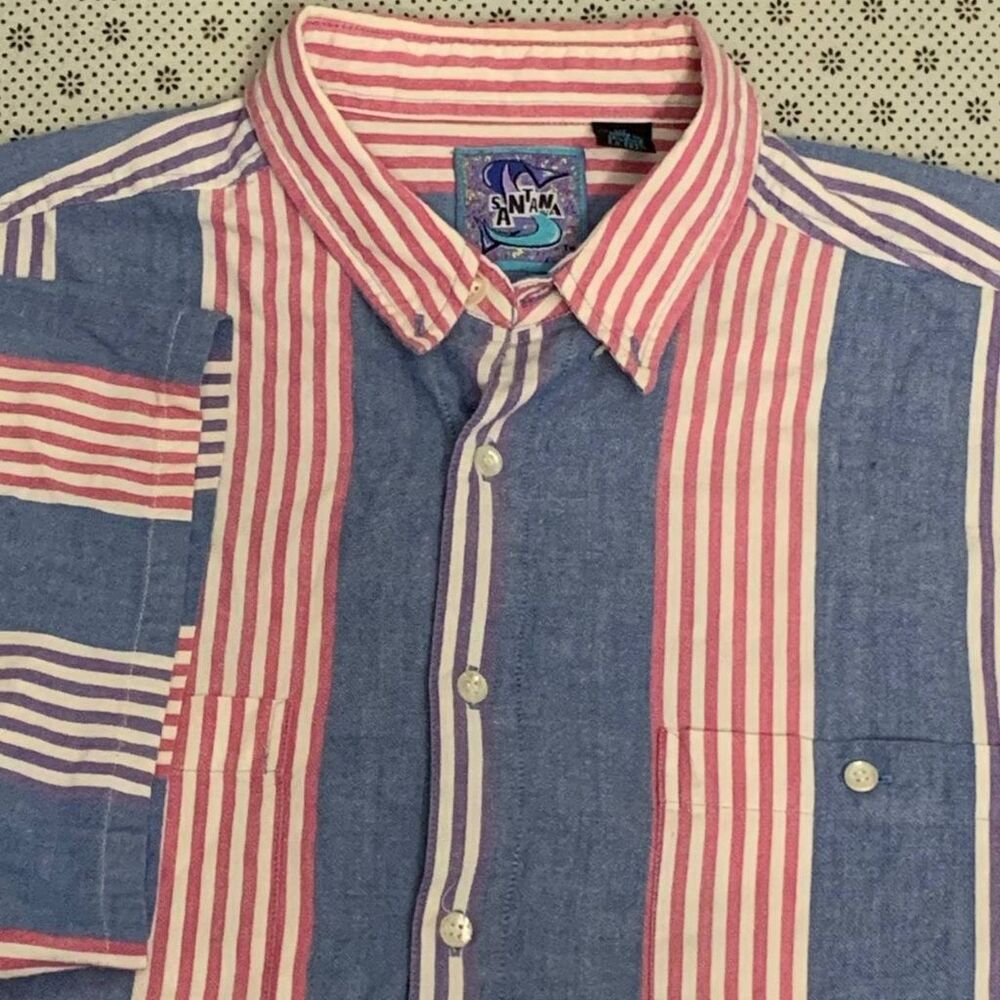 Santana Mens XL Short Sleeve Button Down Shirt Striped Cotton Vintage 90s Blue